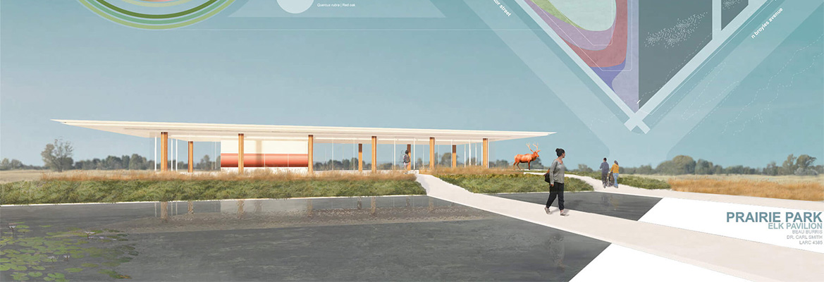 exterior rendering of a pavilion in an outdoor prairie area